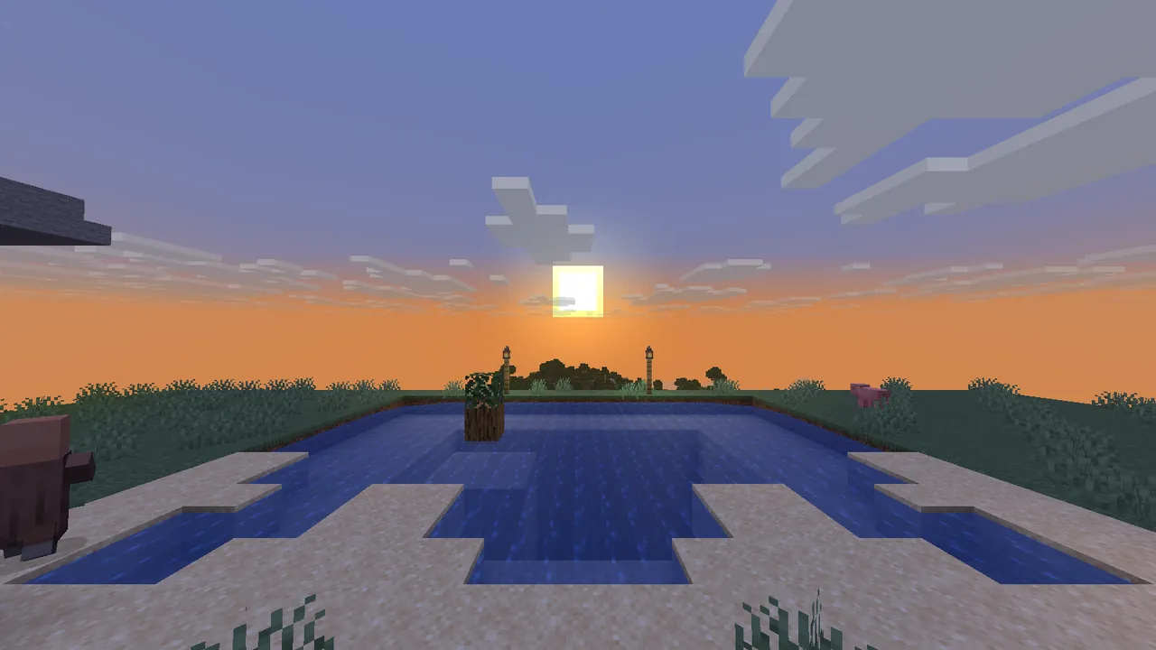 Ванильный Minecraft: закат над прудом