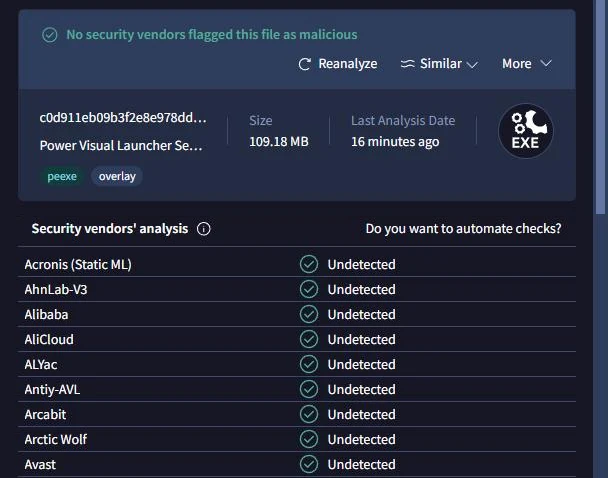 Отчёт VirusTotal: ни один антивирус не нашёл угроз в установщике